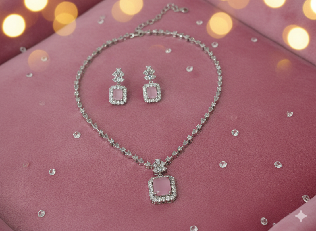 Women's Pink American Diamond With Earrings Jewellery Necklace Set For Wedding
