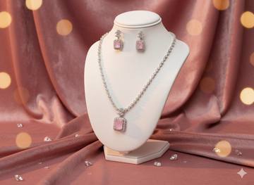 Women's Pink American Diamond With Earrings Jewellery Necklace Set For Wedding