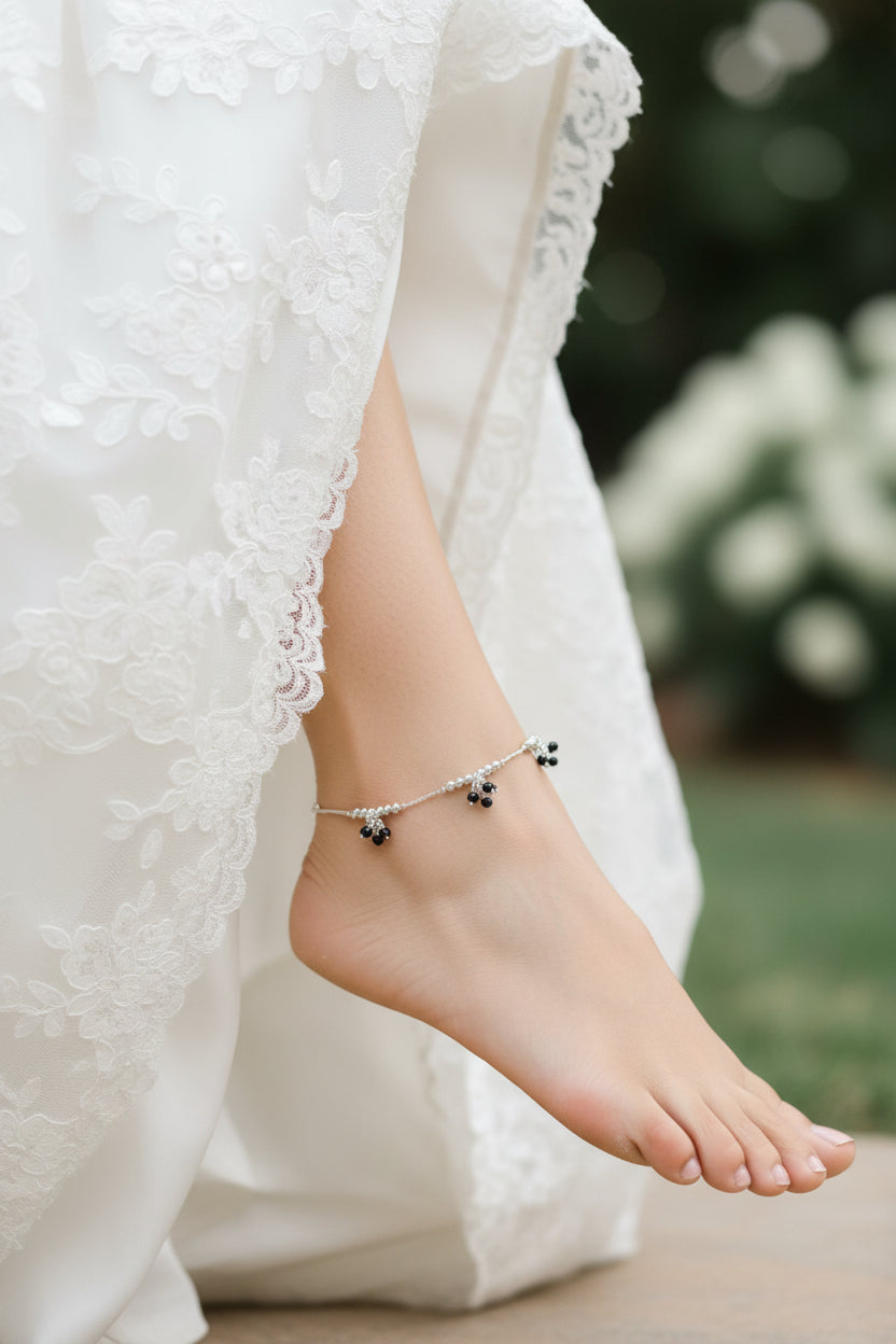 Black Crystal Charm Anklet (Silver Tone) pack of 2