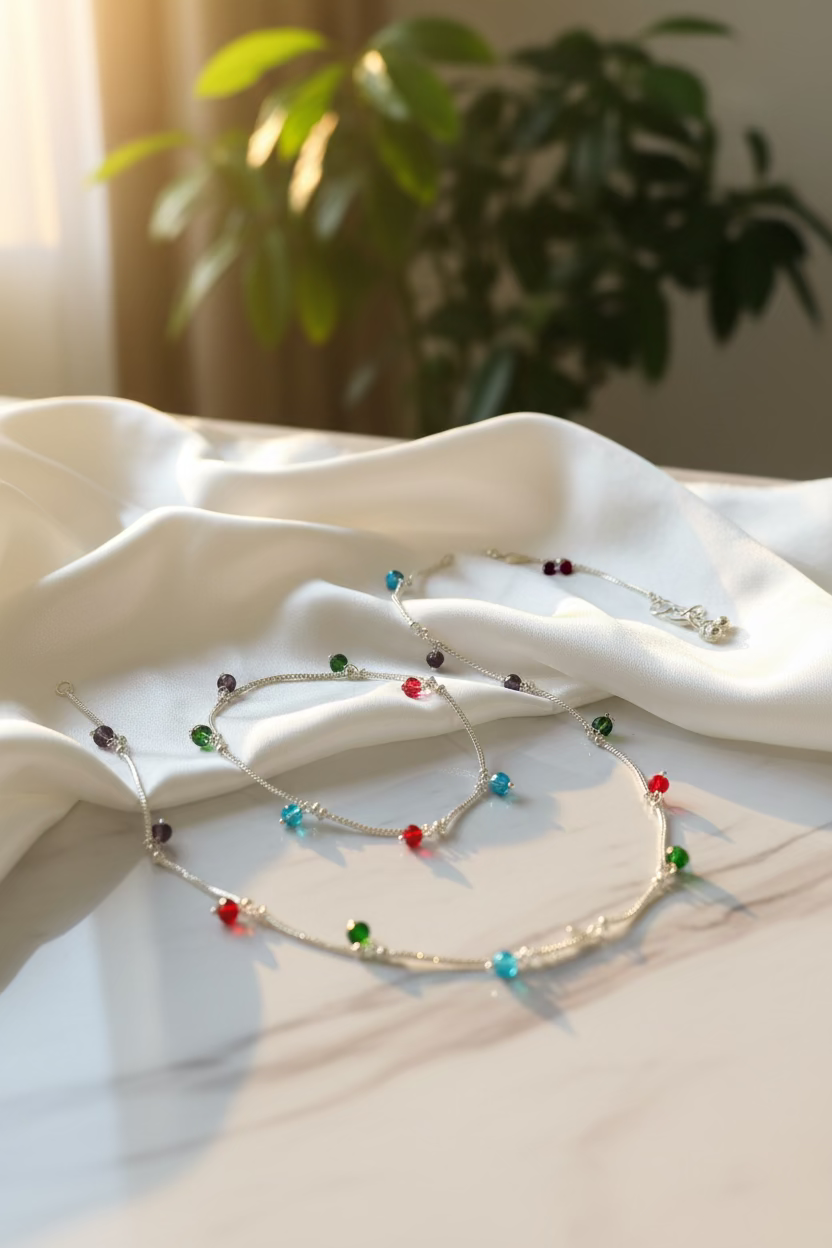 Colorful Beaded Charm Anklet (Silver Tone)combo pack