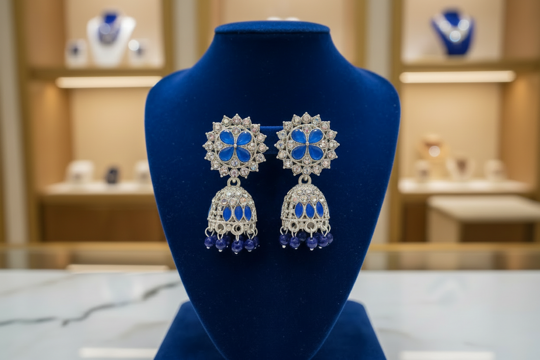 Royal Blue & Silver Oxidized Jhumka Earrings(buy 1 get 1)