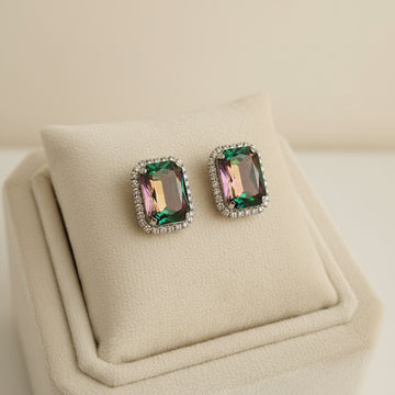 Rainbow Crystal Emerald Cut Stud Earrings