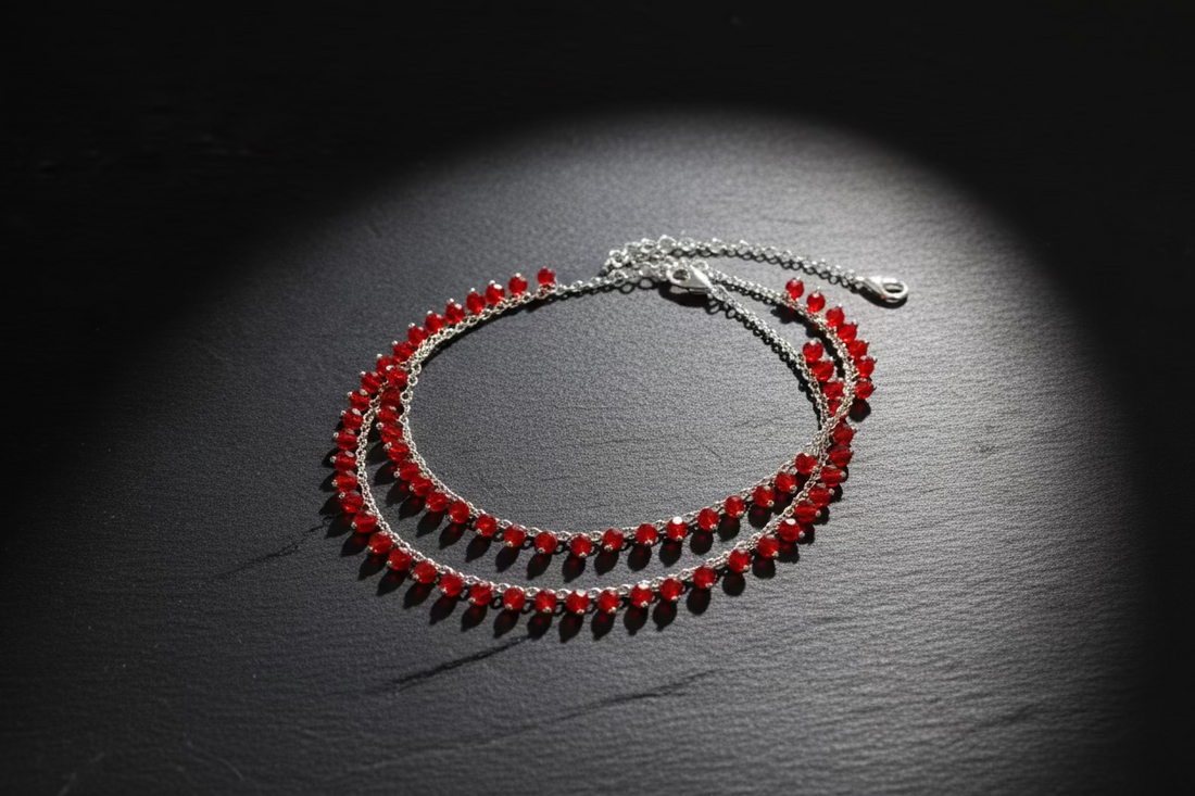 Red Crystal Beaded Anklet for Women (Silver Tone Payal)